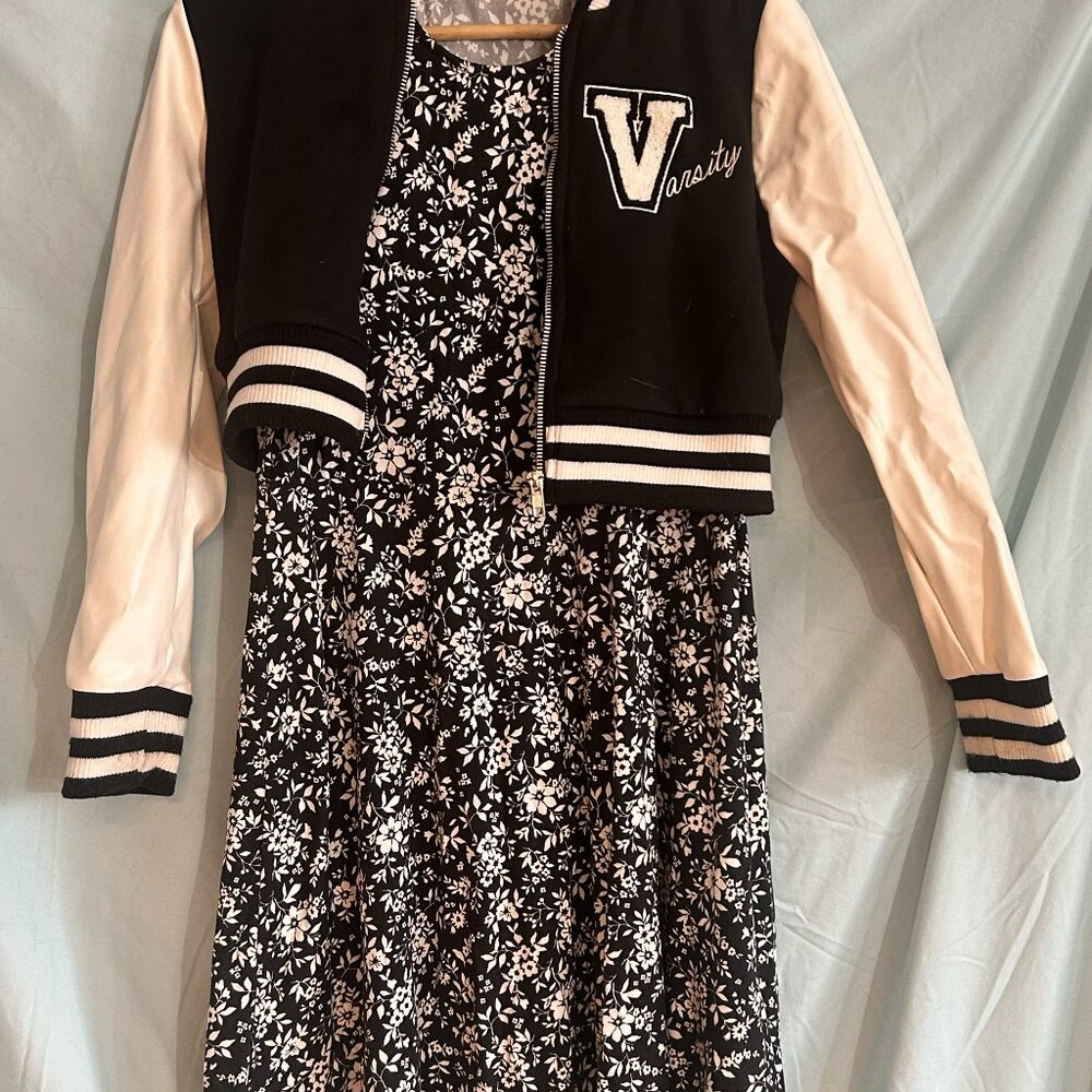 Black and White Girls dress with Varsity Jacket